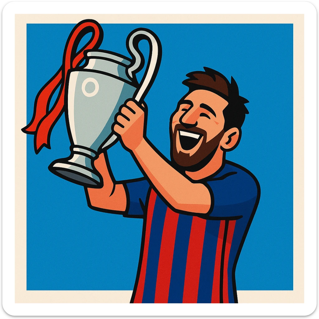 Lionel Messi celebrating with the Champions League trophy, vibrant and joyful illustration style, simple background sticker