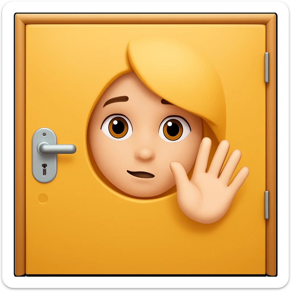 Add a hand waving to the shy face peeking out from behind a door, only face visible from the front, in emoji style. sticker