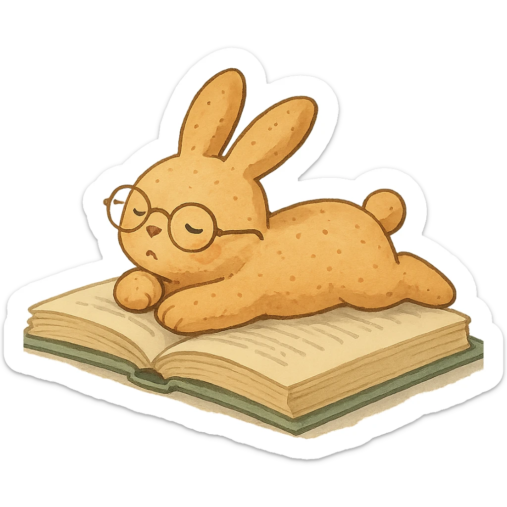 full-body biscuit bunny lying on a book with slipping glasses, soft Ghibli style sticker
