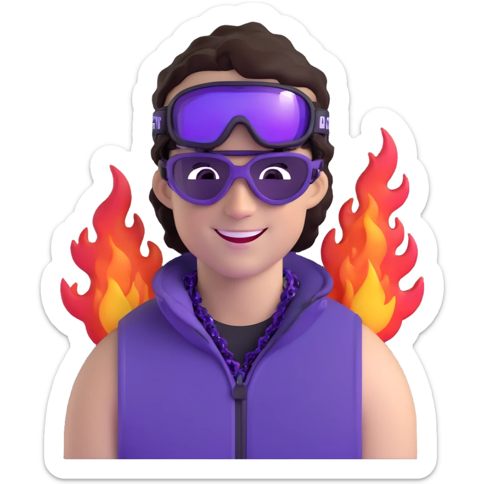 close-up of cool guy male athlete with white skin and moderately curly dark brown hair on top with shaved sides, wearing ski goggles with purple frames and very dark black lenses, winking behind the goggles, with an open mouth confident smile like a cool guy, a simple plain black chain necklace, and a completely unzipped sleeveless vest with purple and black sequin fire pattern design with no logo sticker