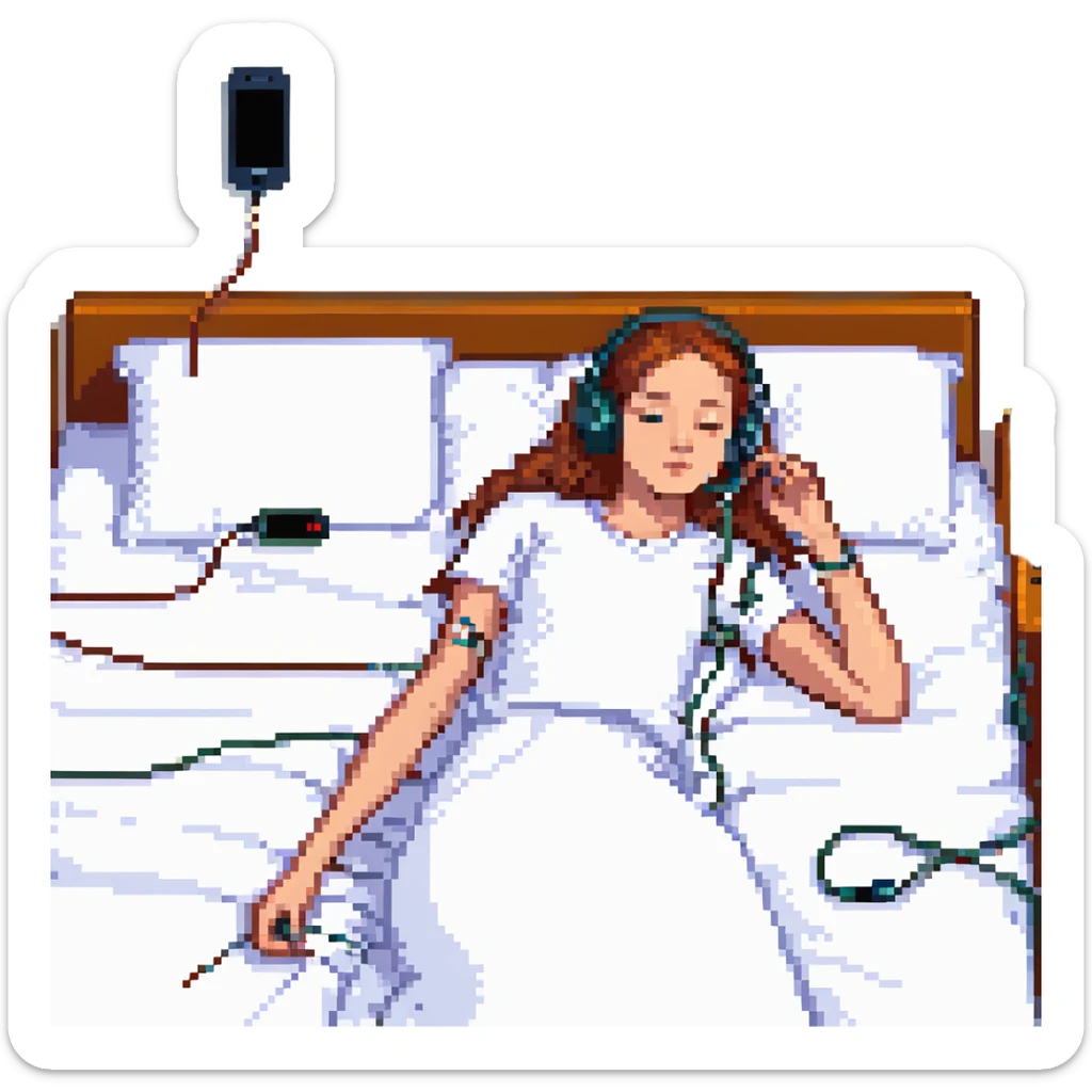 girl lying on bed comfortably listening to music with wired earphones sticker