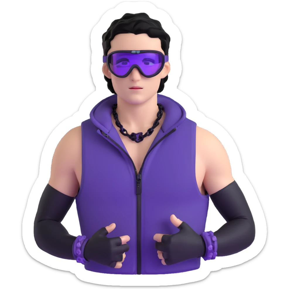 male athlete with white skin and moderately curly black hair on top with shaved sides, wearing ski goggles with purple frames and very dark black lenses, a simple plain black chain necklace, and a completely unzipped sleeveless vest with purple and black sequin fire pattern design with no logo or brand emblem, fully revealing his chest, shoulders and arms, no earrings sticker