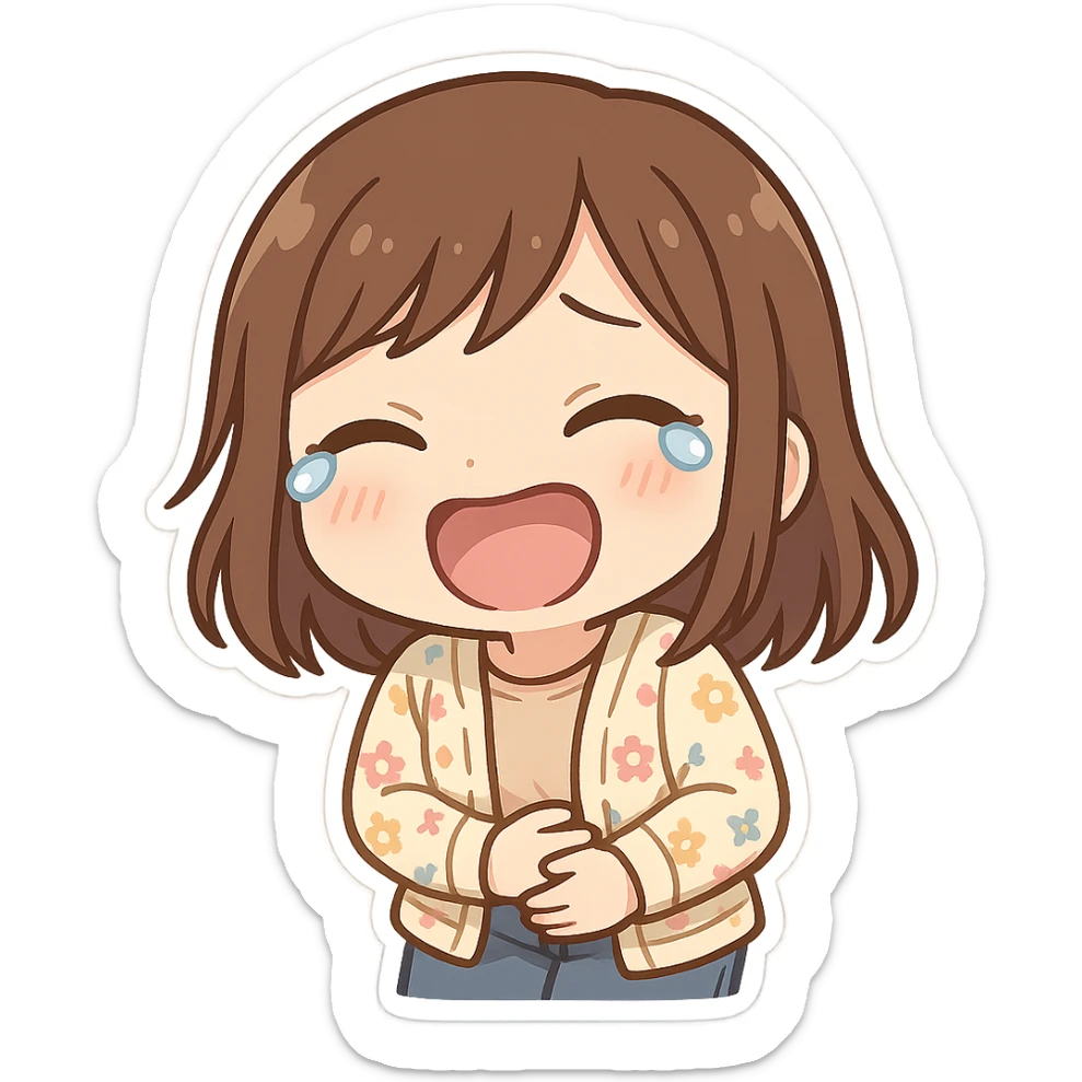 chibi sticker of a girl with brown straight hair and brown eyes, wearing a pastel floral cardigan and jeans, laughing to tears, holding her stomach, white outline, transparent background, 512x512px sticker