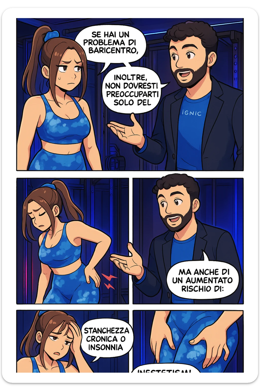 TRASFORMA QUESTO CAROSELLO IN UN FUMETTO STILE WEBTOON/MANGA A COLORI CON QUESTE DUE PERSONE IDENTICHE CHE INTERLOQUISCONO TRA LORO, L'uomo sta spiegando alla donna questo concetto:

Se hai un problema di baricentro, inoltre, non dovresti preoccuparti solo del reflusso e del gonfiore addominale, ma anche di un aumentato rischio di:
    • dolori e rigidità diffuse
    • disturbi pavimento pelvico
    • stanchezza cronica o insonnia
    • inestetismi visibili, come celluluite
    • etc… sticker