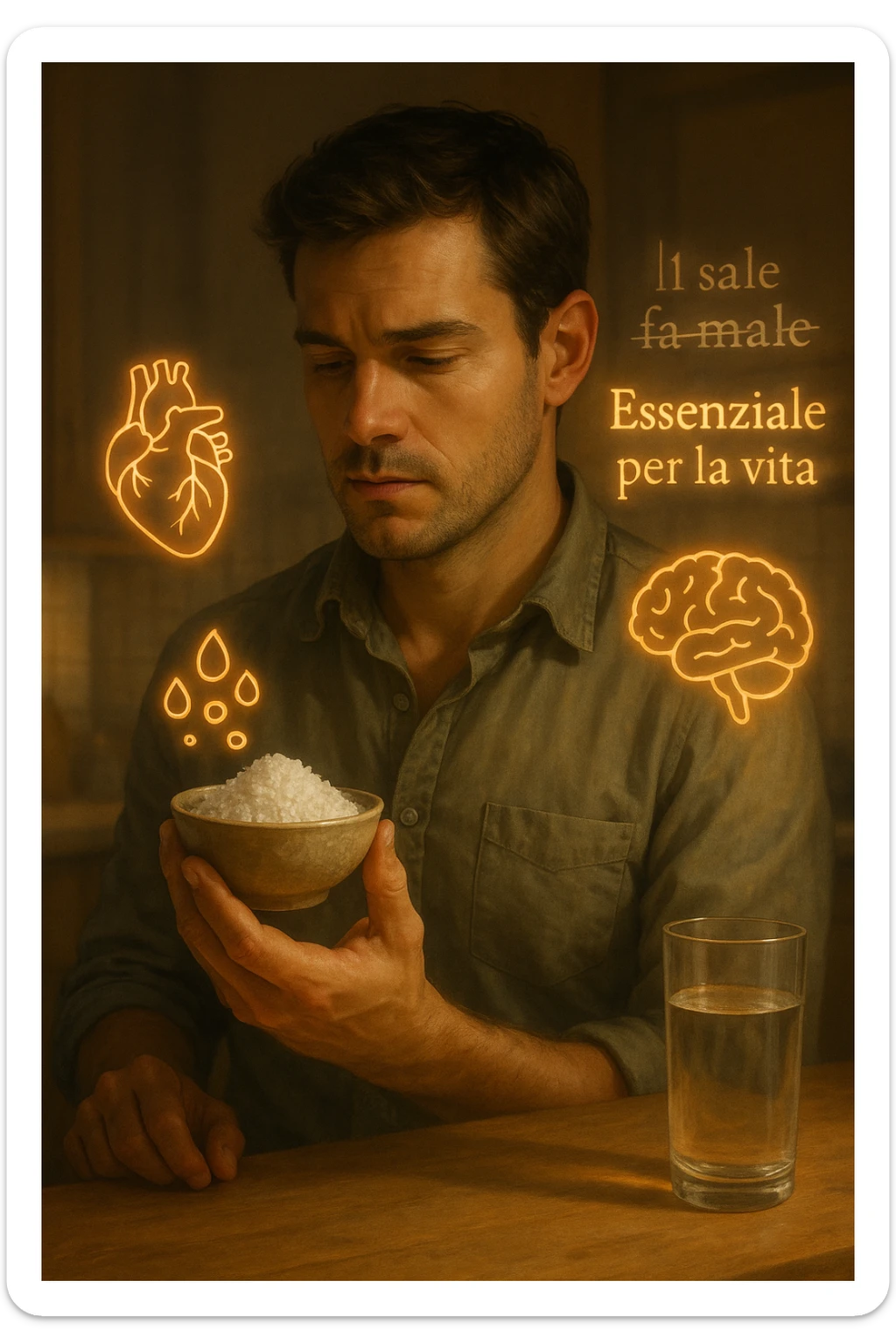 A realistic, cinematic illustration of a man in his early 30s holding a small bowl of unrefined sea salt in his hand, looking at it with awareness and respect. Around him, glowing minimalistic symbols of a beating heart, a brain, and hydrated cells appear, indicating the essential role of sodium in hydration, nerve conduction, and overall cellular health. In the background, faint text or floating words show the false myths: ‘Il sale fa male’, crossed out gently, while the phrase ‘Essenziale per la vita’ glows softly. The setting is a warm, softly lit kitchen with a glass of water nearby, emphasizing balance. The color palette is warm, natural, and calming, emphasizing that salt, when used consciously, is vital for human health, against common misconceptions demonizing it. sticker