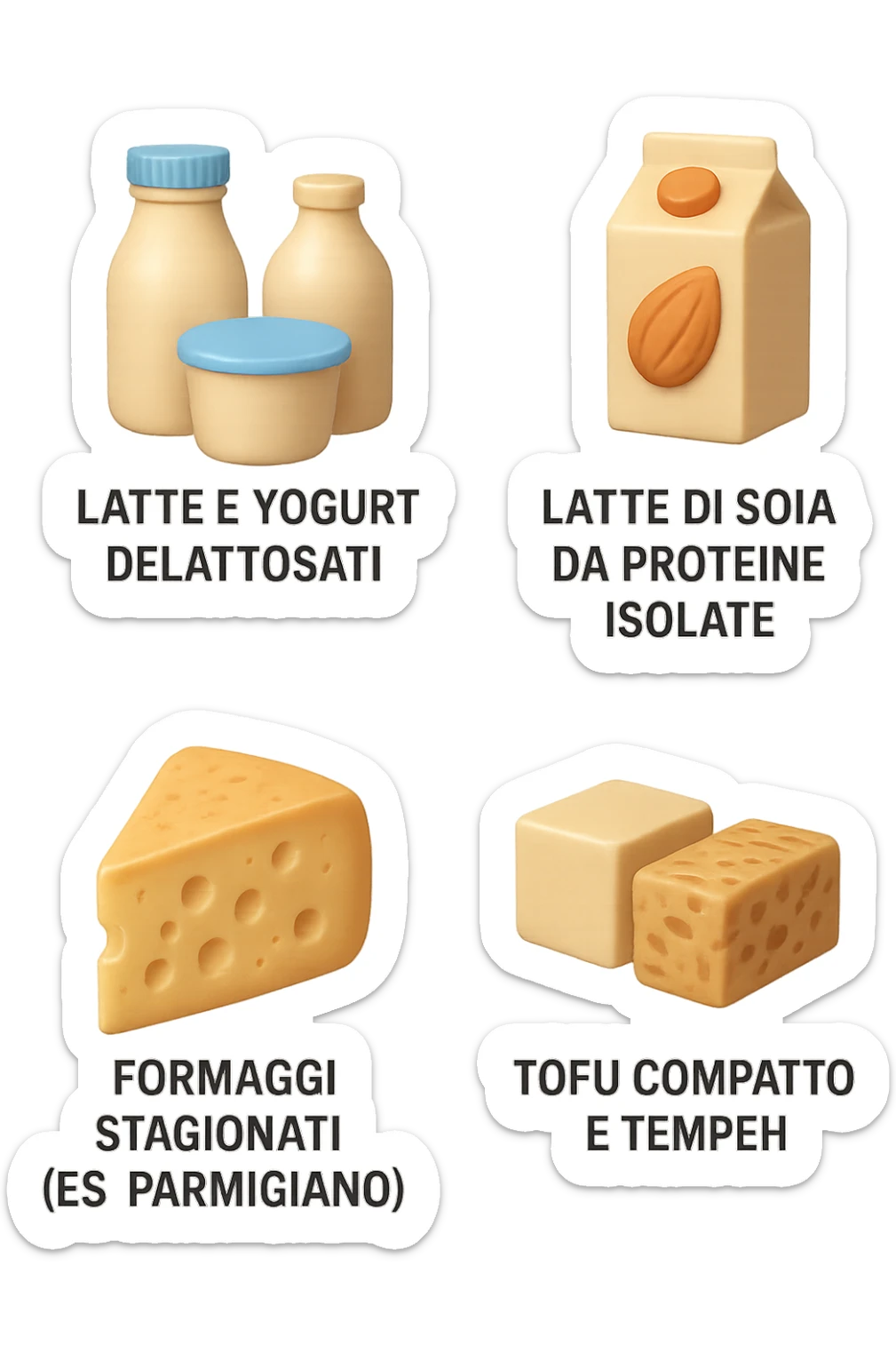 emoji stile iphone 3d di questi elementi che fluttuano in aria:

Latte e yogurt delattosati
Latte di mandorla (non zuccherato)
Latte di soia da proteine isolate
Formaggi stagionati (es. parmigiano)
Tofu compatto e tempeh
 che fluttuano in aria,  le etichette scrivile in italiano, iperealistico 4k sticker