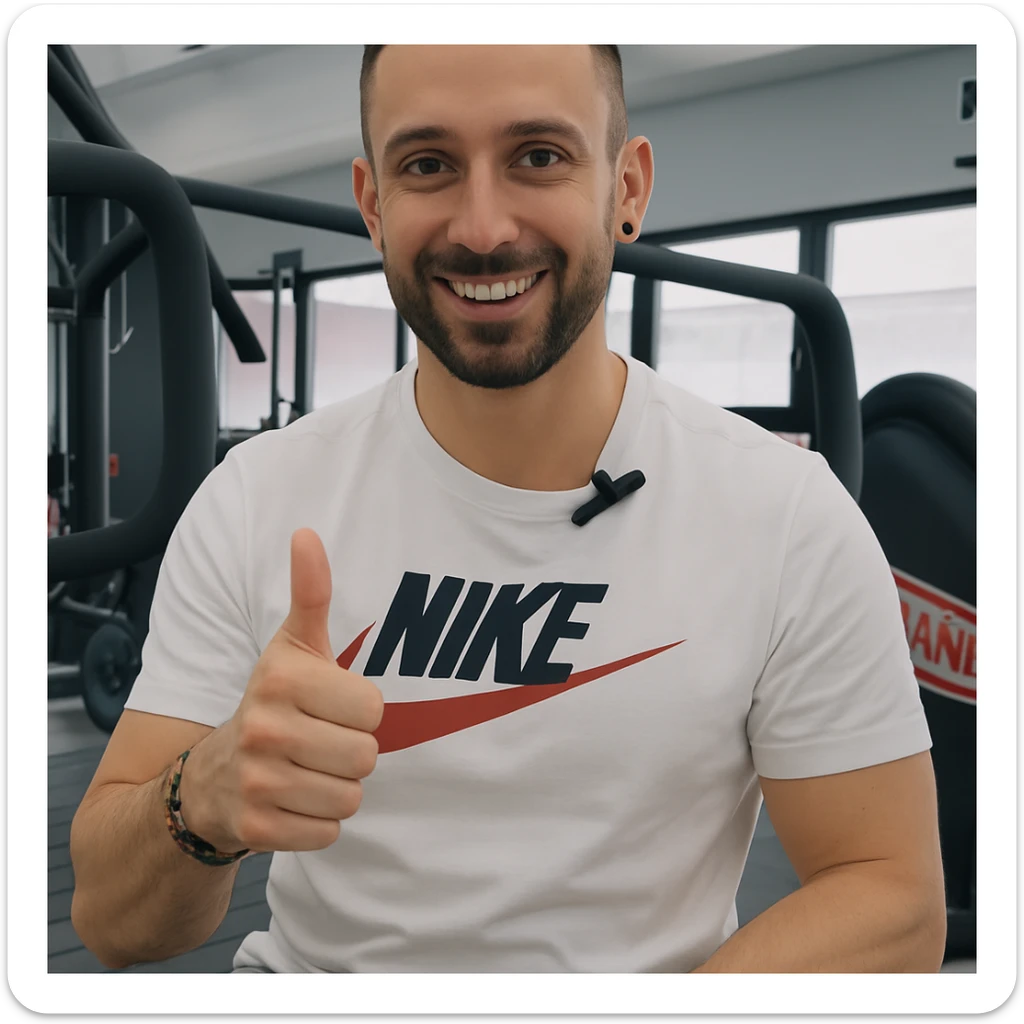 The man in the photo is making the OK gesture with his thumb up, showing a positive expression, in a gym environment, photorealistic style. sticker