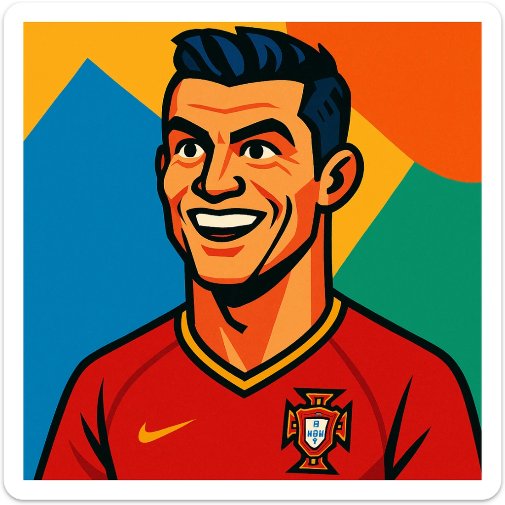 Cristiano Ronaldo, football star, cartoon style, vibrant toon illustration sticker