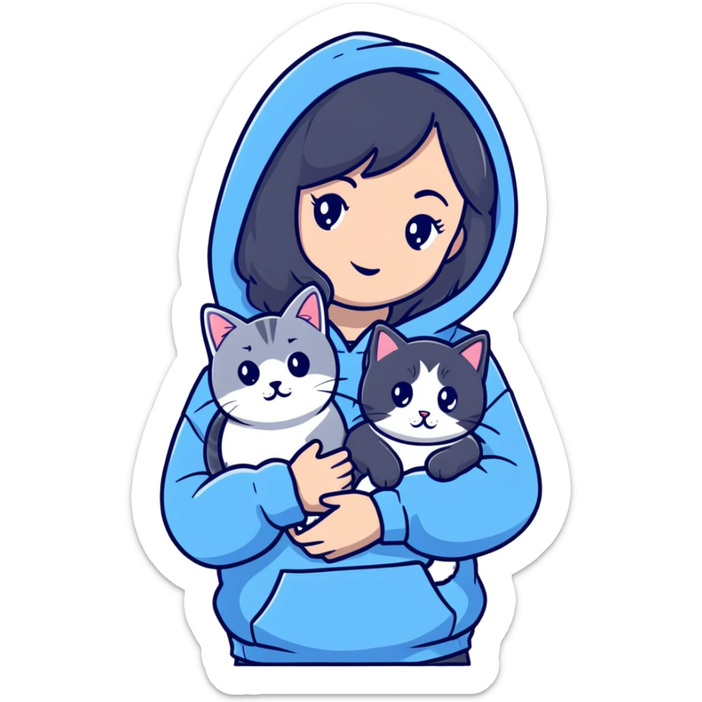 Girl with black hair in gray hoodie with a British shorthair blue and white cat and a long-haired blue and white cat sticker