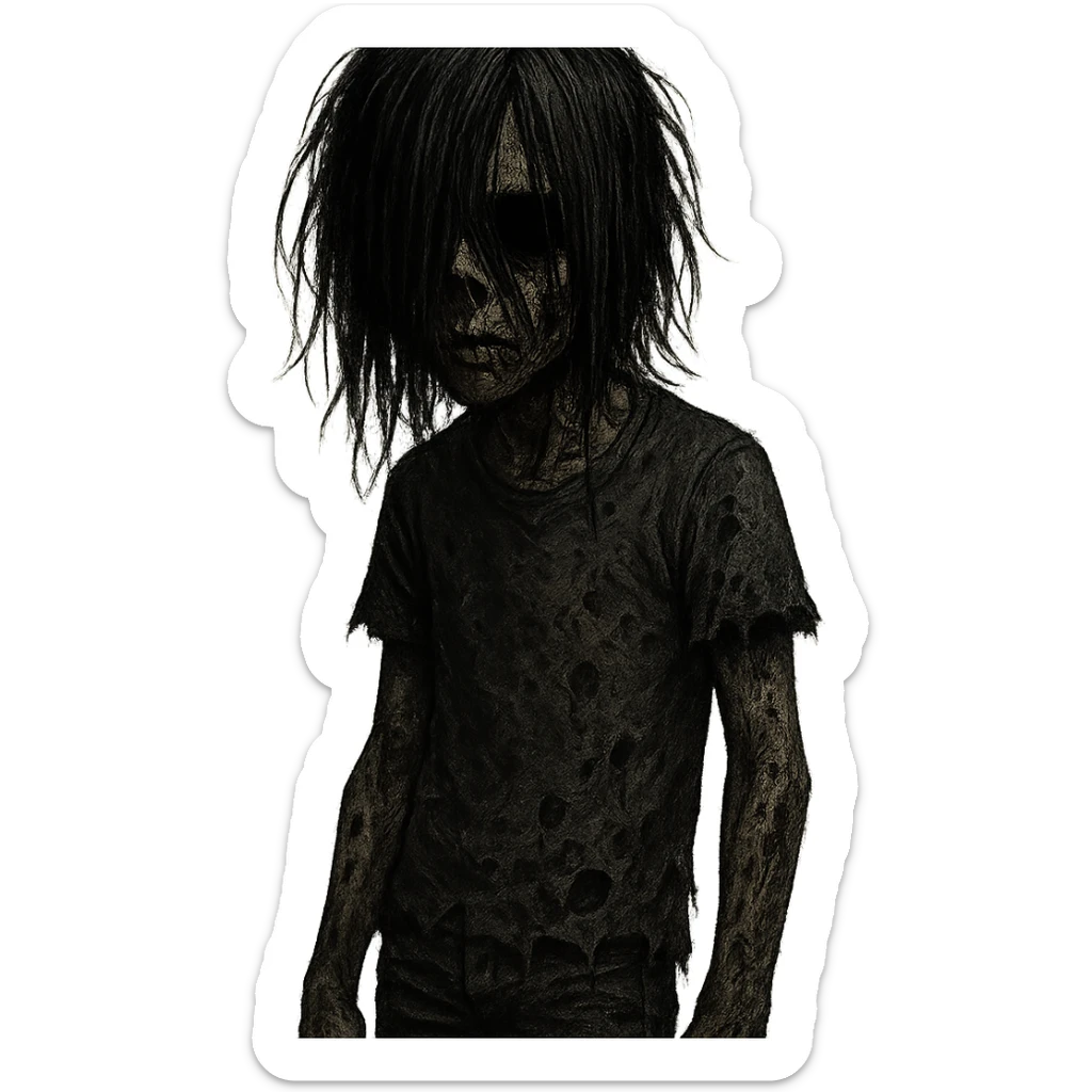 creepy boy zombie, long black hair covering face, black eyes, dark skin, emo vibe, horror style sticker