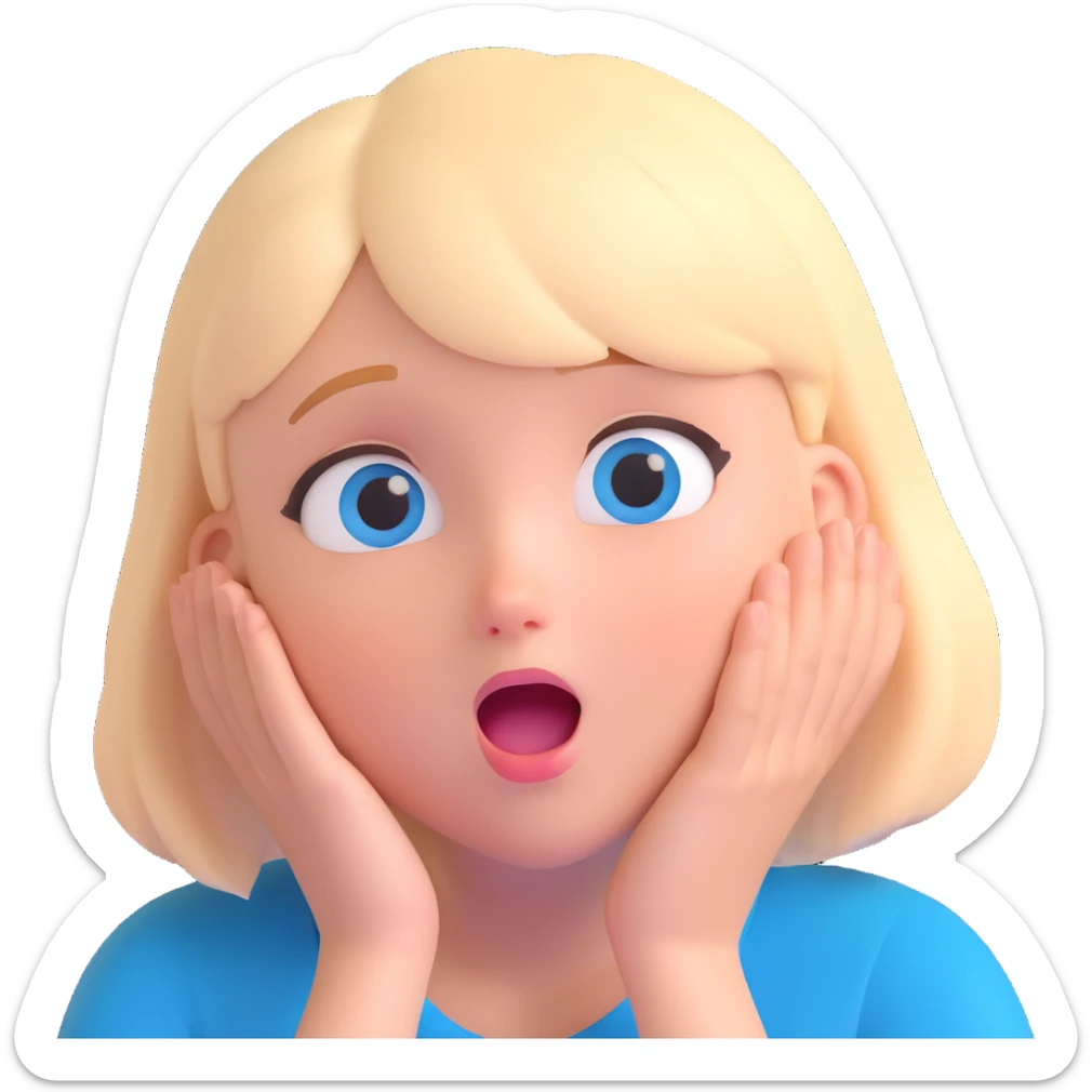 3D emoji of a white girl with short blonde hair, blue eyes, surprised expression sticker