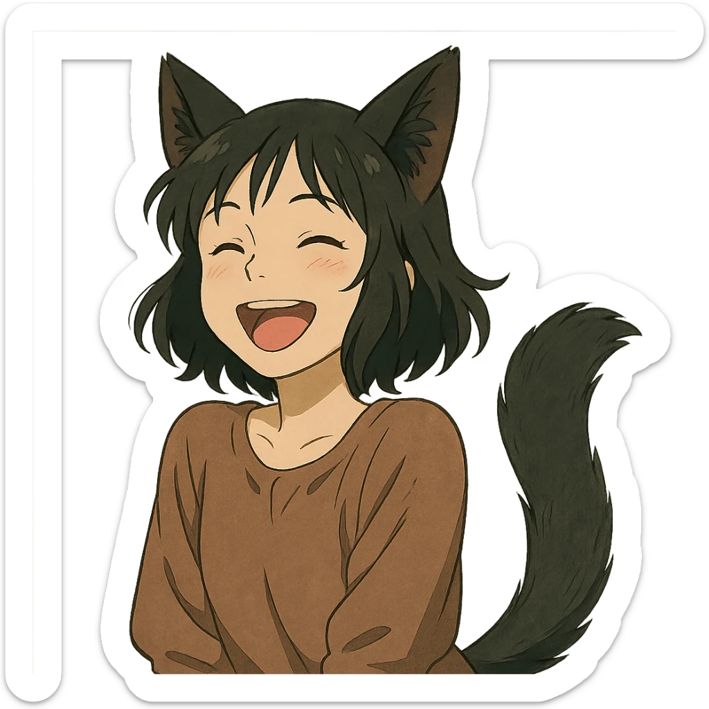 A girl with black fox ears and a tail, green eyes, dark hair, laughing sticker