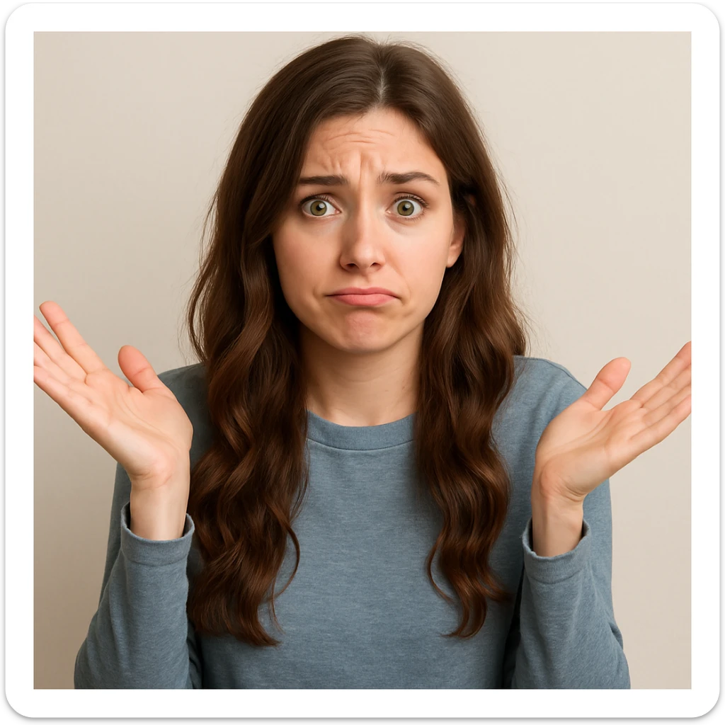 girl with long brown wavy hair, green eyes, shrugging, slightly confused expression, upper body, simple background sticker