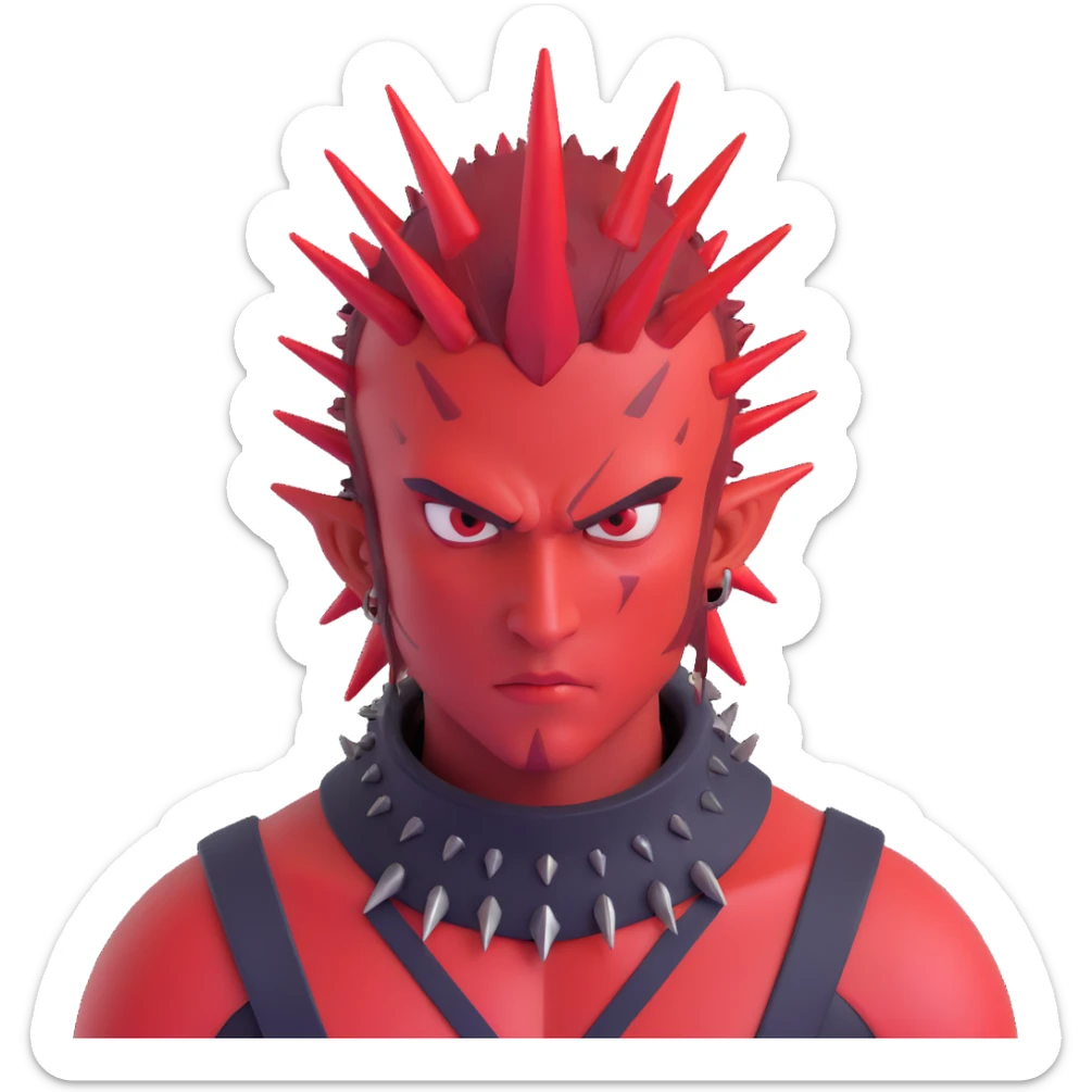 Sprunki character with red skin, wearing spikes on his head, close-up portrait with attitude sticker