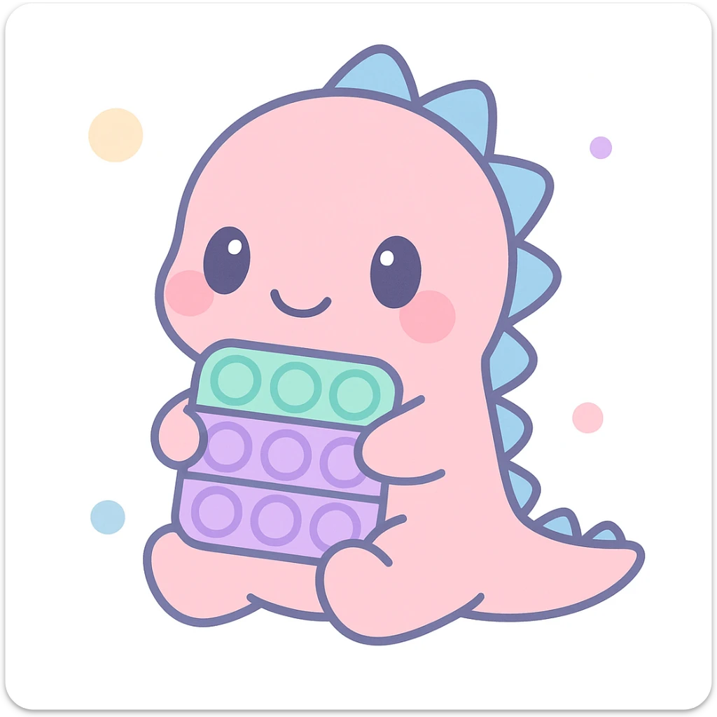 a cute dinosaur holding a sensory toy, with a soft color palette and a gentle smile, soft and cute style sticker
