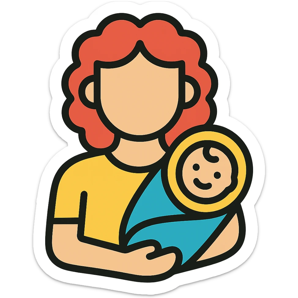 Woman with curly red hair holding a baby, wearing yellow clothing, color outline style, no background. sticker