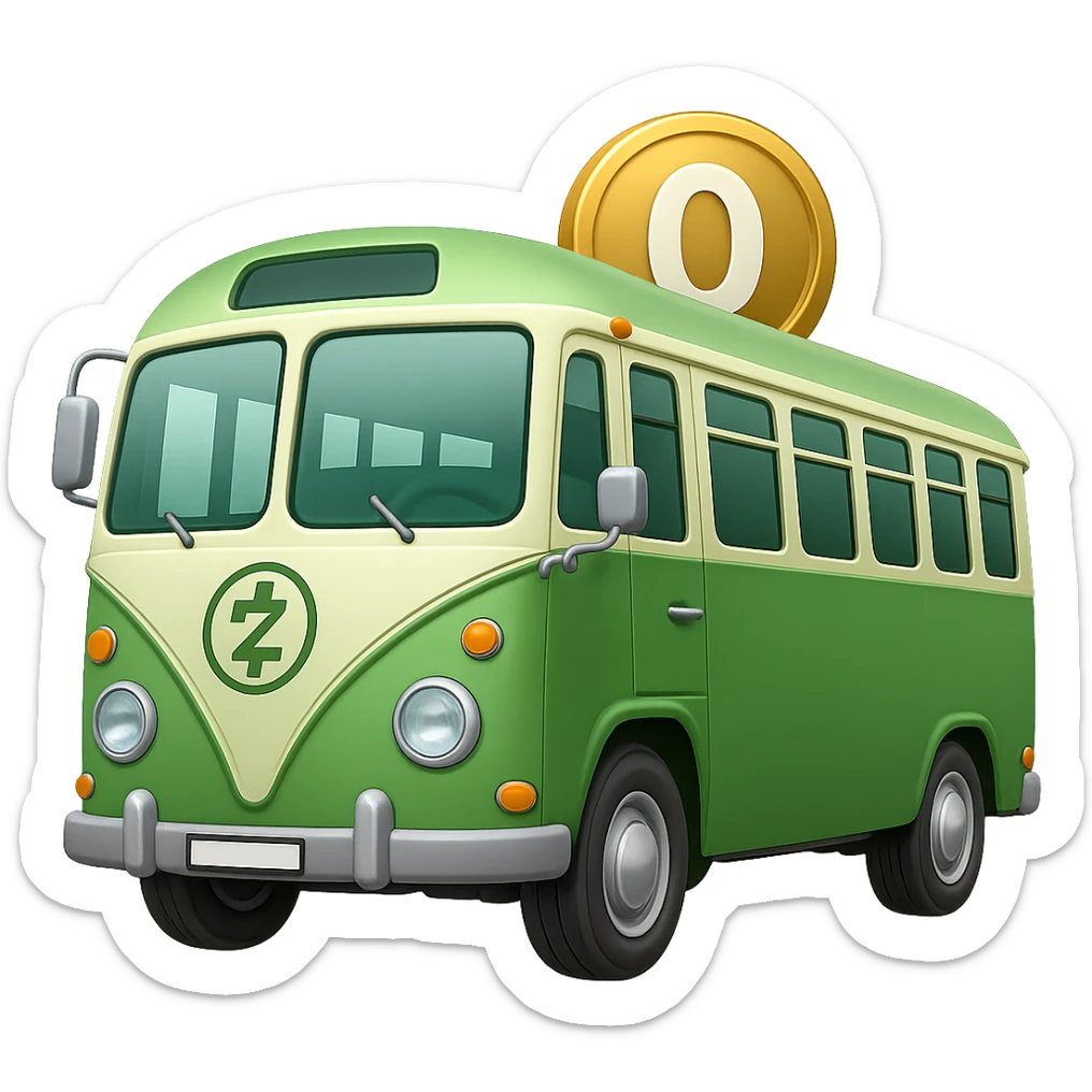Add a large '0' to the coin on the green electric bus, keeping the Apple emoji style. The style is Apple emoji with transparent background. sticker