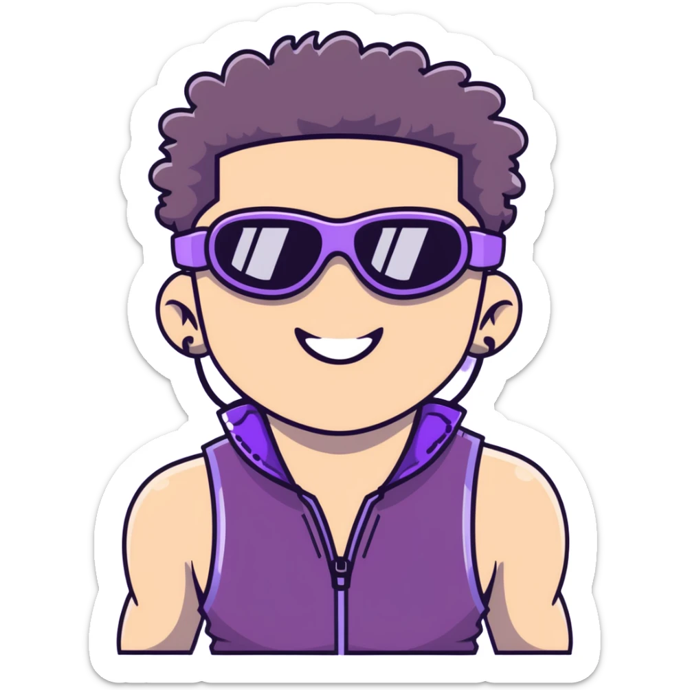 close-up of cool guy male athlete with white skin and moderately curly dark brown hair on top with shaved sides, wearing ski goggles with purple frames and very dark black lenses, winking behind the goggles, with an open mouth confident smile like a cool guy, a simple plain black chain necklace, and a completely unzipped sleeveless vest with purple and black sequin fire pattern design with no logo sticker
