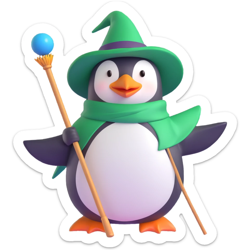 ios 3D style emoji of a penguin wizard with a green hat and wand, riding a broomstick sticker