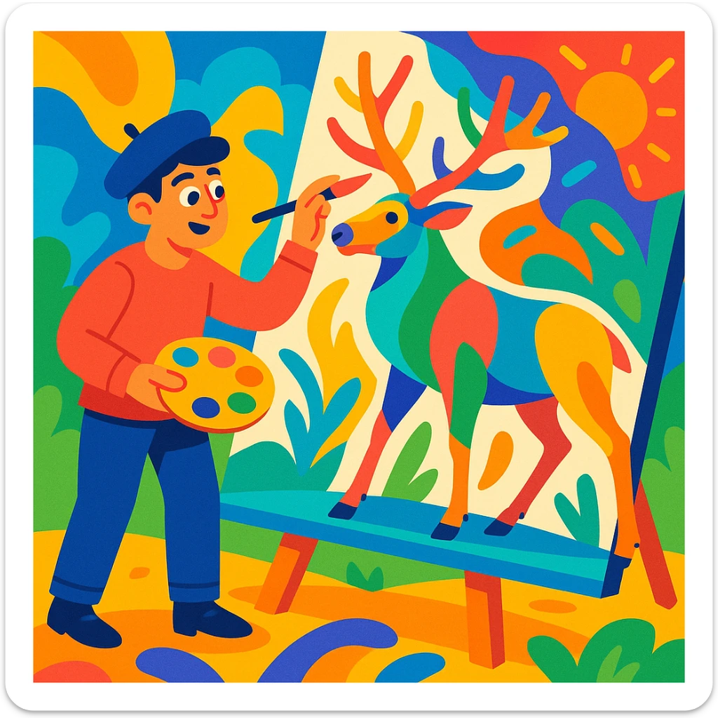 a man painting an elk, imaginative and colorful, vibrant colors, dynamic and lively sticker