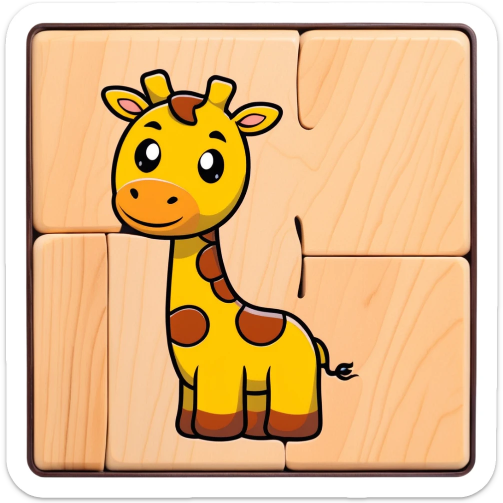 A cartoon wooden puzzle giraffe toy with a sweet face and visible puzzle pieces sticker