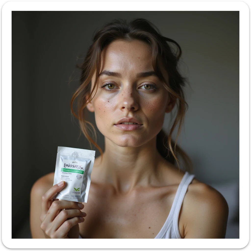 realistic woman with PCOS holding a package of inositol, face with acne marks and facial hair, thin hair, serene expression, domestic or clinical environment, hyperrealistic photography, natural light sticker