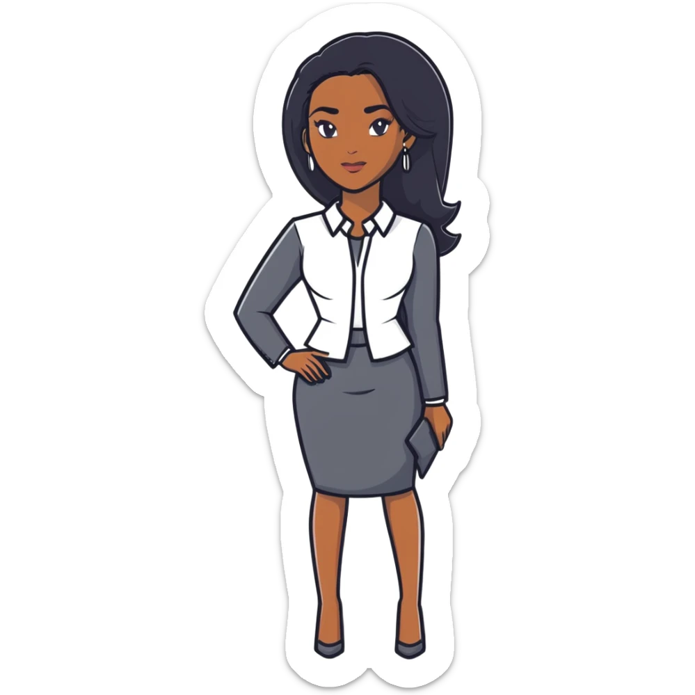 Dynamic African career woman with sleek long black hair, modern business outfit, competent and assertive expression sticker