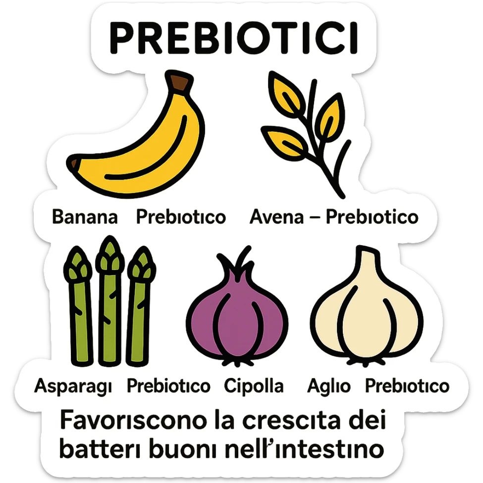 Add Italian labels next to each food item: "Banana — Prebiotico", "Avena — Prebiotico", "Asparagi — Prebiotico", "Cipolla — Prebiotico", "Aglio — Prebiotico". Add the title "PREBIOTICI" at the top and the phrase "Favoriscono la crescita dei batteri buoni nell’intestino" at the bottom. Maintain a clean and modern style with lineal color icons and black outlines. sticker