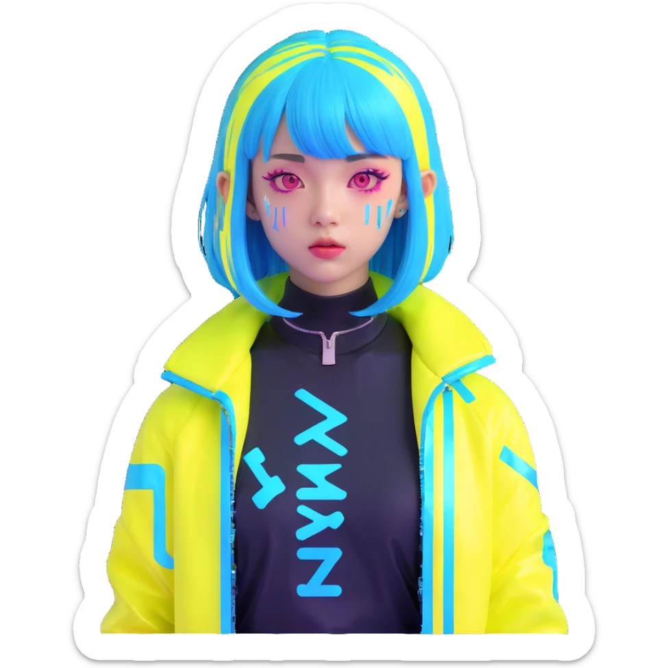 Cyberpunk Japanese girl with neon blue wig, holographic jacket, digital glitches effect, dark background with purple neon glow sticker