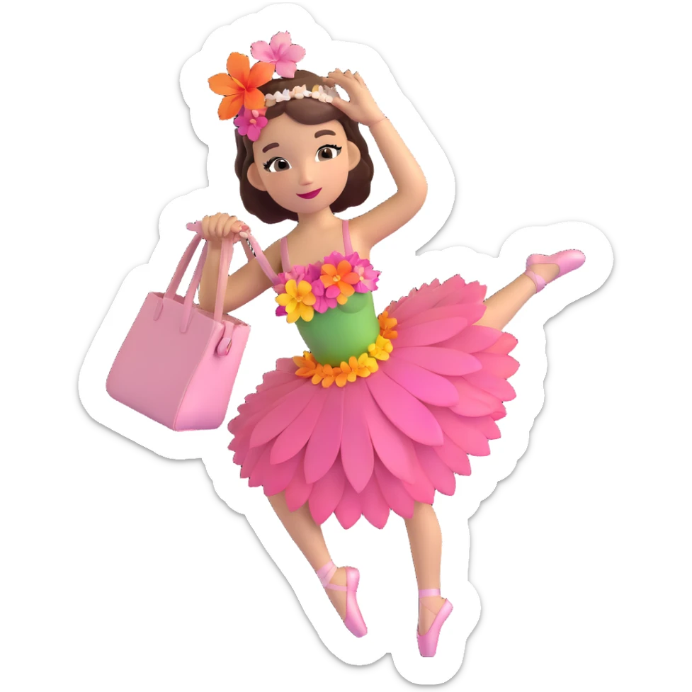 girl with a Hawaiian flower in her hair, wearing ballet heels, doing ballet with a bag sticker