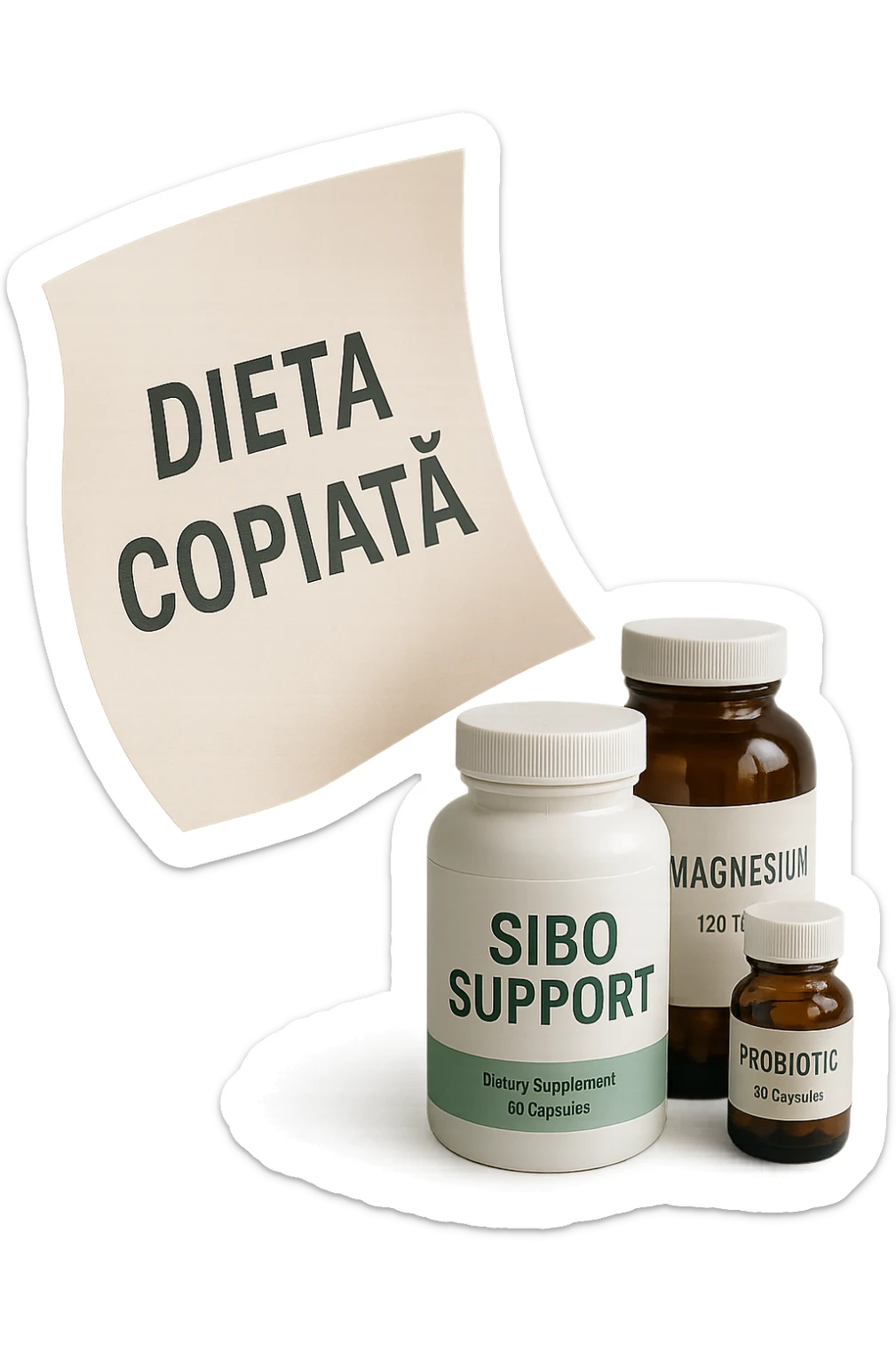 FOGLIO DI CARTA FLUTTUA IN ARIA CON LA SCRITTA "DIETA COPIATA", INSIEME A BARATTOLI DI INTEGRATORI PER CURARE IL SIBO, IPERREALISTICO 4K, NON DISEGNATO sticker