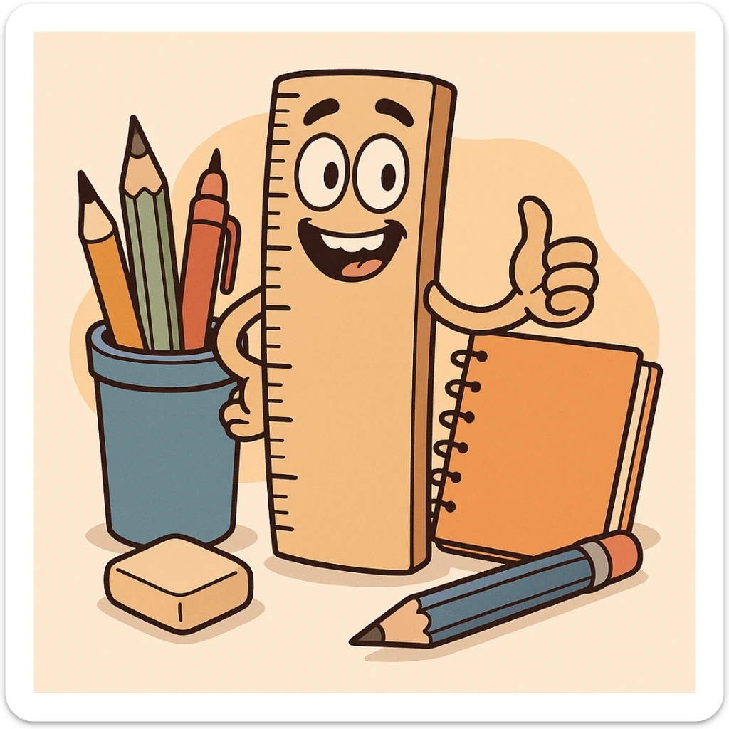 cartoon style illustration of a ruler, school supplies sticker