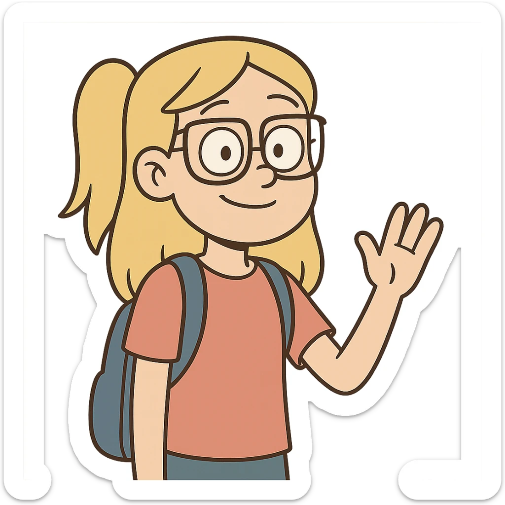 6th grade girl with blonde hair and glasses, friendly expression, cartoon style sticker