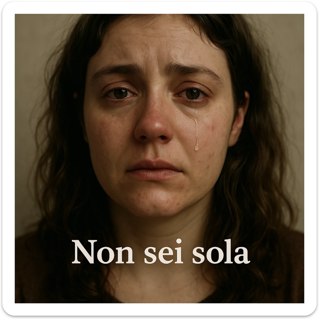 close-up of woman with PCOS, teary eyes and lost gaze, tear on face, neutral background, vulnerable atmosphere, Italian text: 'Non sei sola', 4K quality sticker
