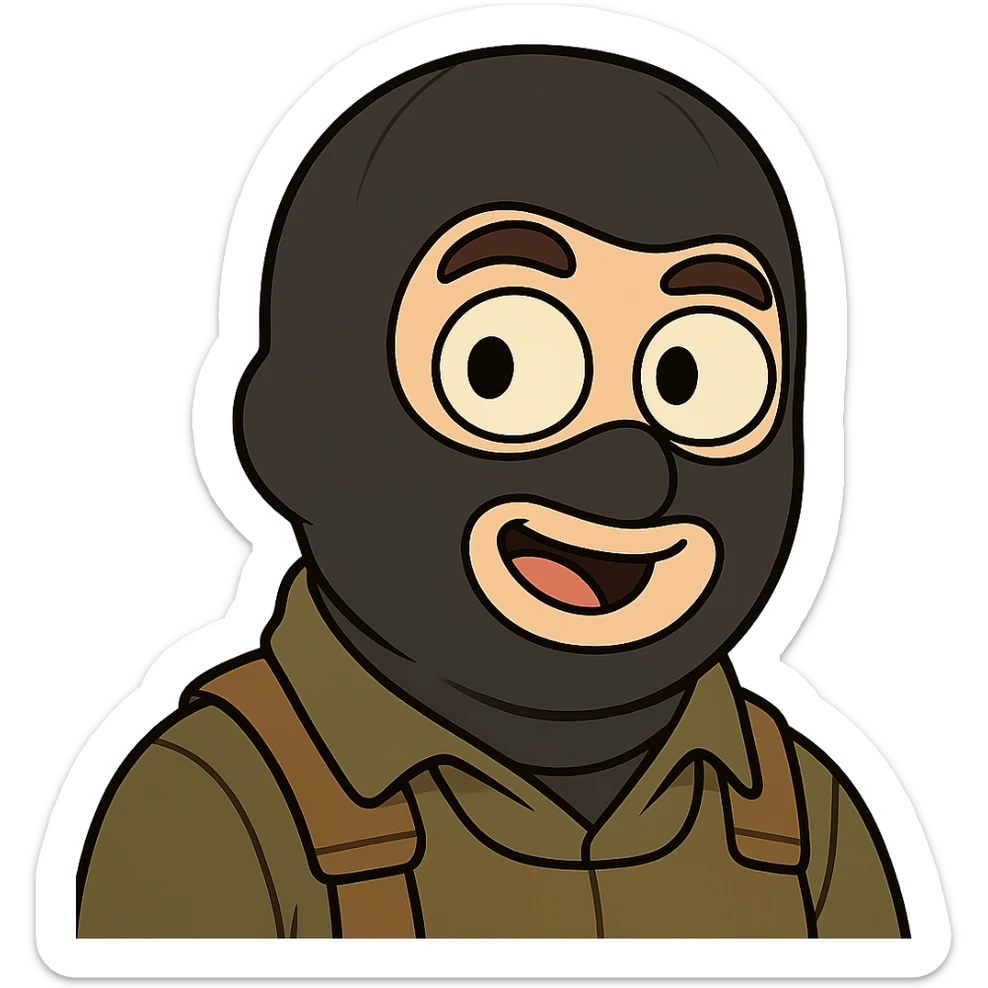 head of a Counter-Strike terrorist character, cartoon style, round face, big eyes, playful expression, neutral background sticker