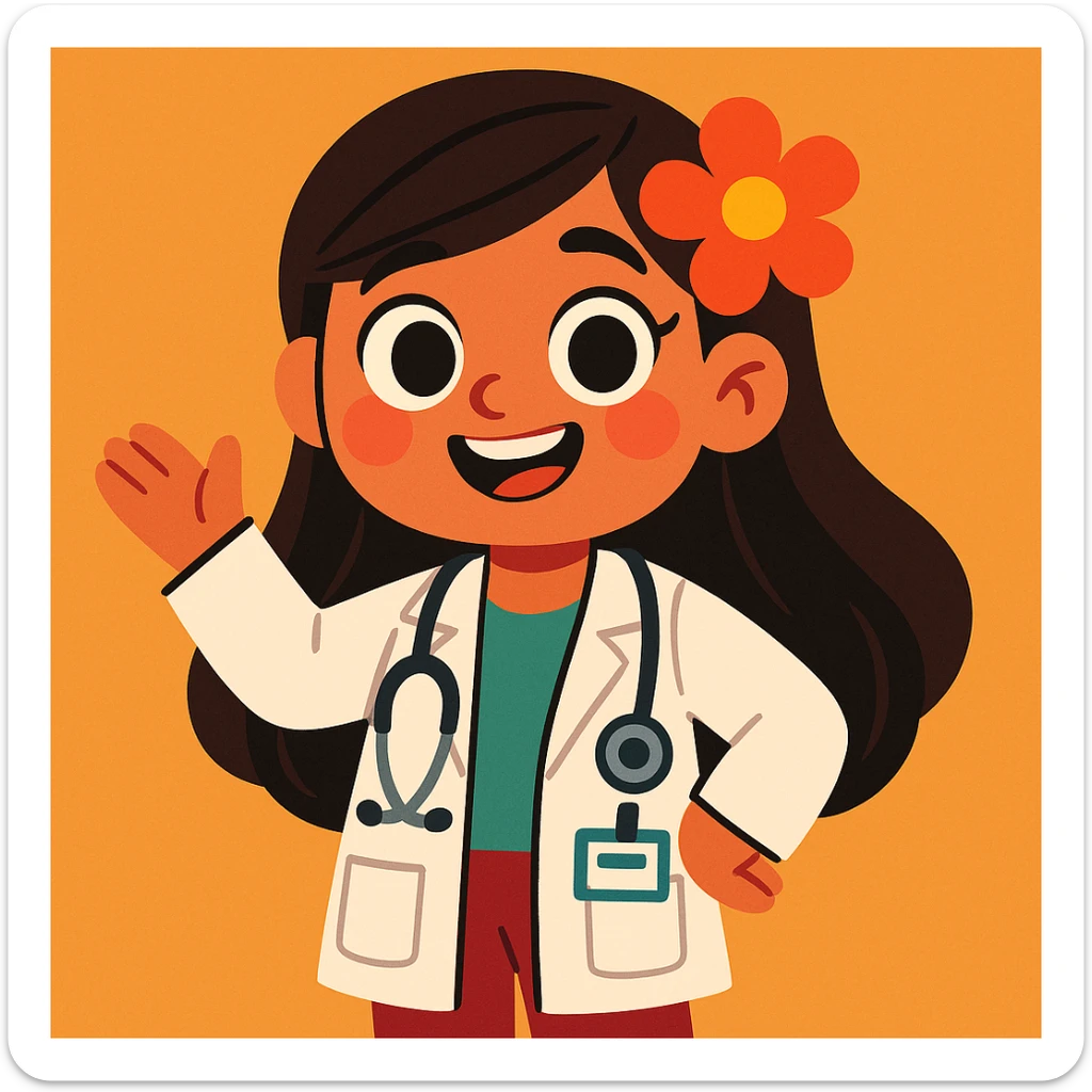 cute Mexican doctor girl, long dark hair, wearing doctor's coat, flower in hair, cheerful approachable, cartoon style sticker