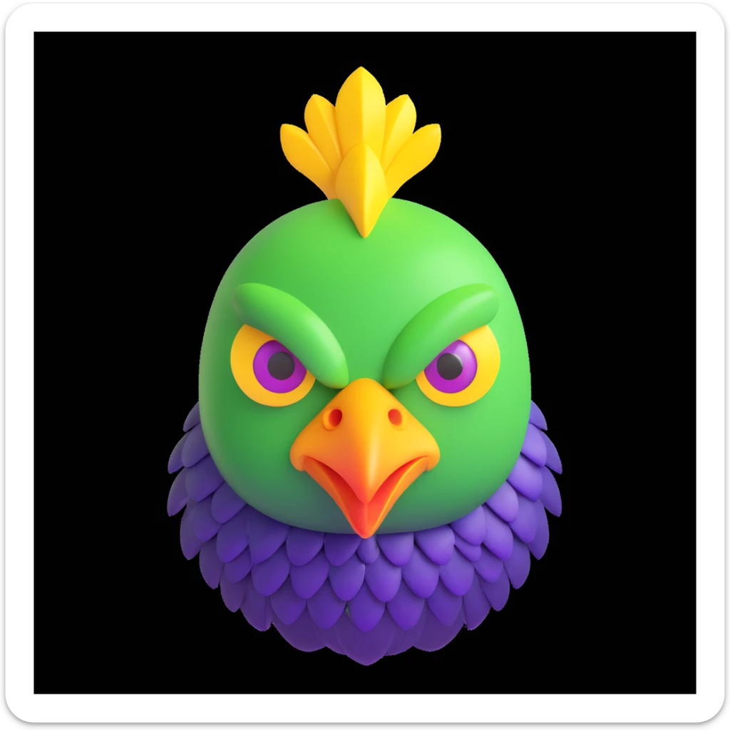 3D cartoon emoji of a chicken alien hybrid with a geometric green head, asymmetrical chicken comb, three glowing yellow eyes, metallic beak, jagged purple scales instead of feathers, toxic waste green background, clean lines, high contrast sticker