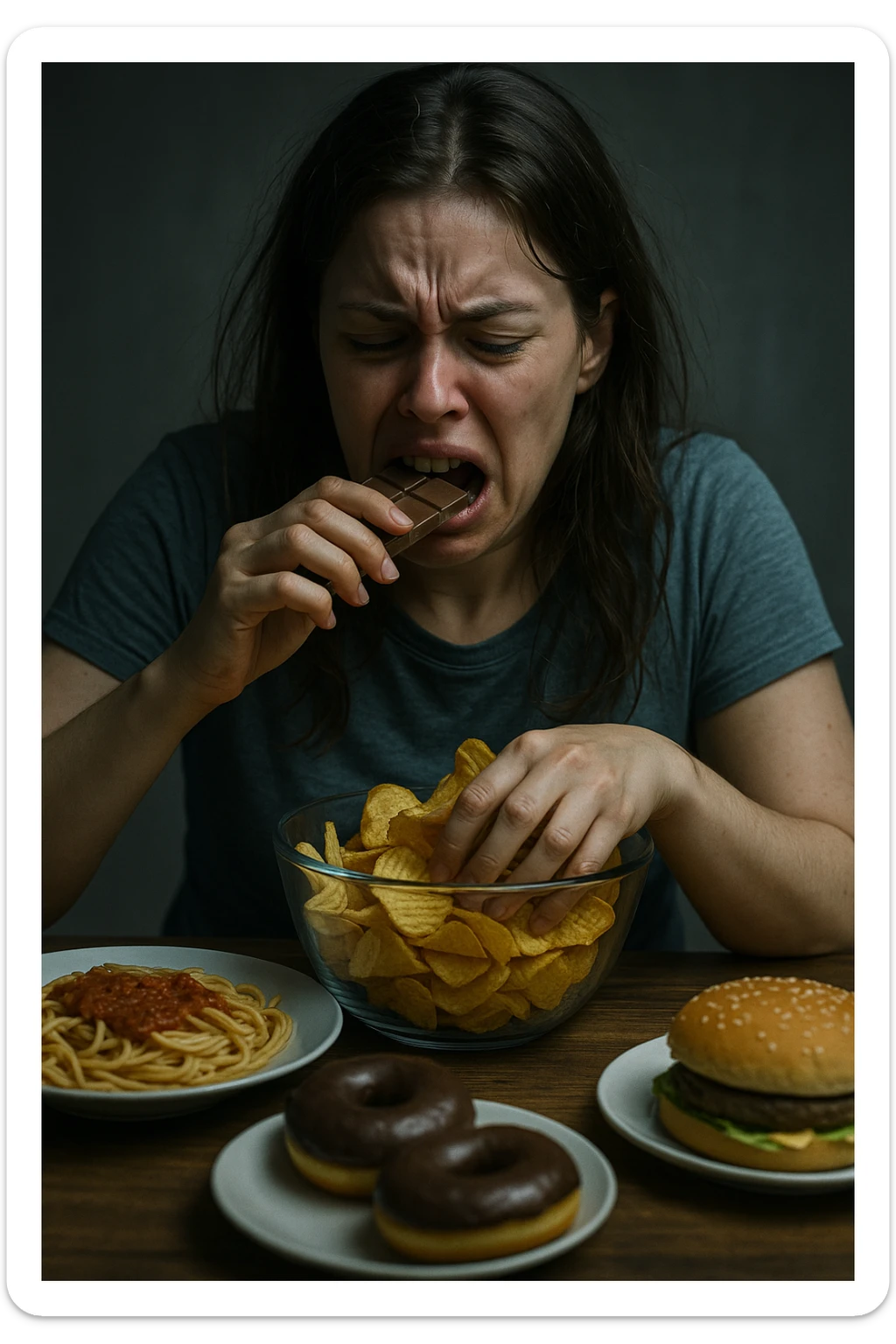 realistic cinematic image of a woman with very pronounced emotional eating due to menstrual cycle, agitated expression, compulsive movements towards food, realistic details, dramatic clinical lighting, no text, 2:3 aspect ratio sticker