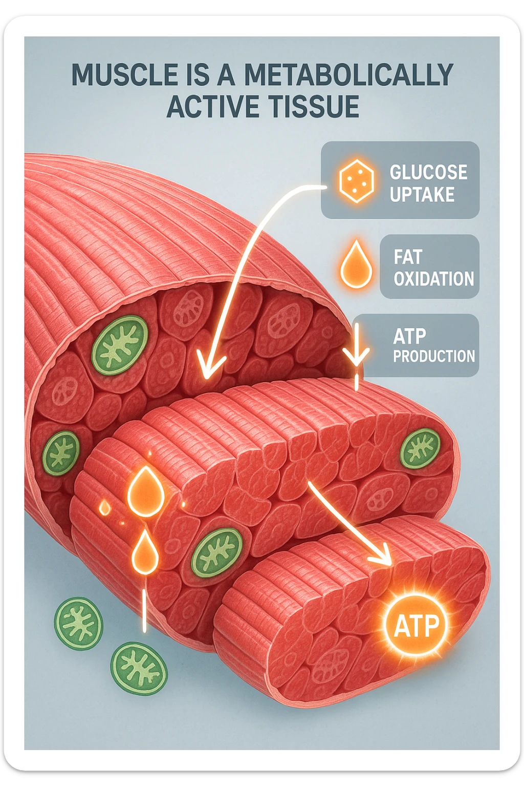 a highly detailed cross-section of human skeletal muscle fibers, shown in vibrant red and pink tones, with visible striations and realistic texture. Glowing arrows and animated icons represent active metabolic processes—such as glucose uptake, fat oxidation, and ATP production—occurring within the muscle tissue. Surrounding the muscle, floating symbols for mitochondria and energy highlight its metabolic activity. The background is clean and clinical, with subtle labels and infographics explaining that muscle is a metabolically active tissue. The overall style is modern, scientific, and visually engaging, suitable for educational or medical use. sticker