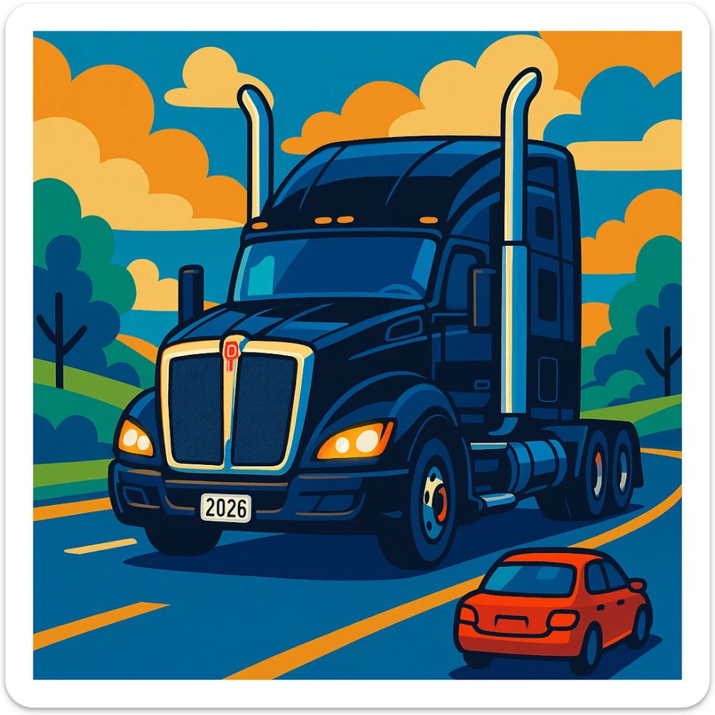 2026 Black Kenworth T680 Sleeper semi truck with tall chrome muffler stacks, headlights on, driving down a road with a car in front, stylized illustration, day scene sticker