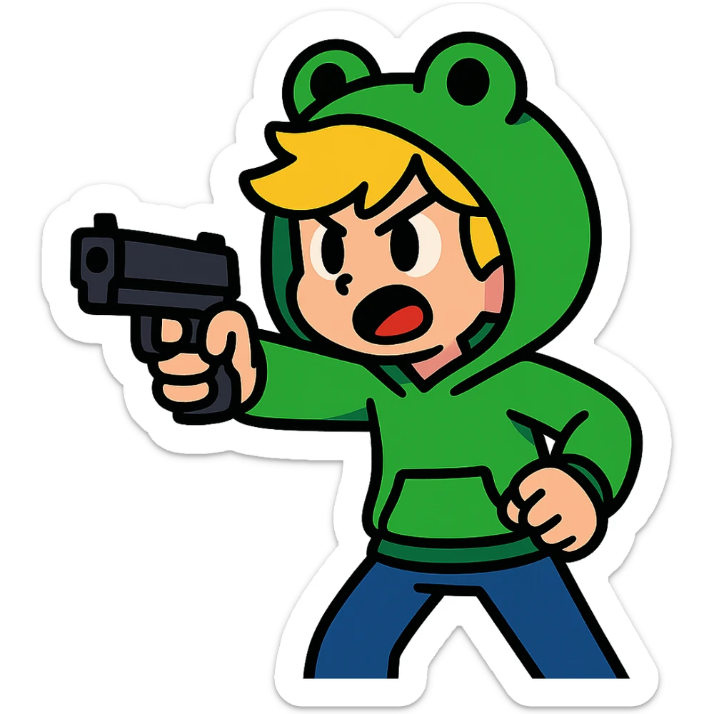 animated boy with blonde hair wearing a frog hoodie, pointing a gun forward, vibrant toon style sticker