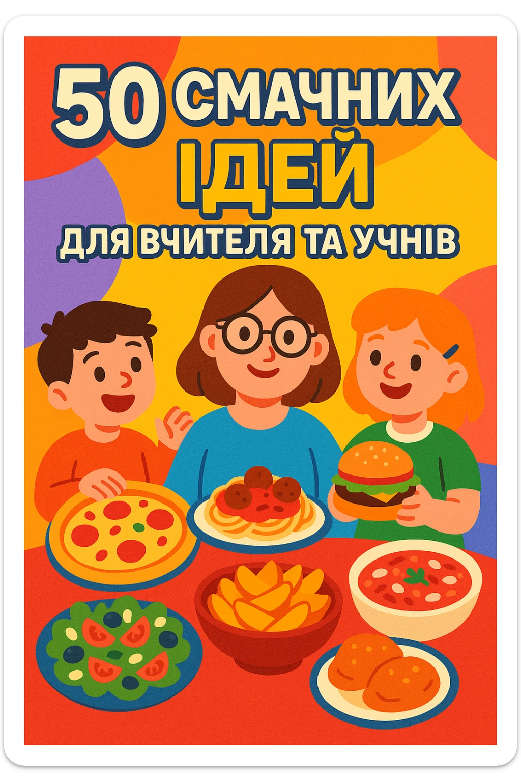 Обкладинка посібника з текстом українською мовою: «50 смачних ідей для вчителя та учнів». Мультяшний стиль, акцент на різноманітних стравах, барвистий фон, дружня атмосфера, великі літери. sticker