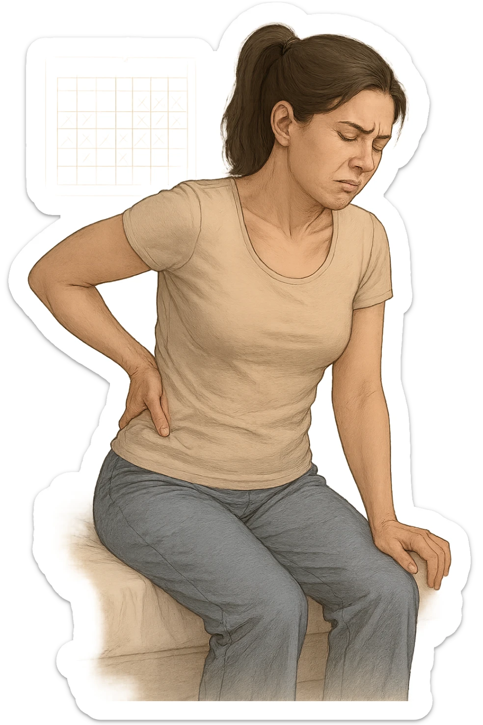 a woman in her 30s sits on the edge of her bed in the morning, holding her lower back with a pained expression. Subtle visual cues, like uneven shoulders or hips, hint at postural asymmetry. The room is softly lit, and a calendar on the wall shows months crossed off, symbolizing chronic pain over the years. vista anatomicamente sticker