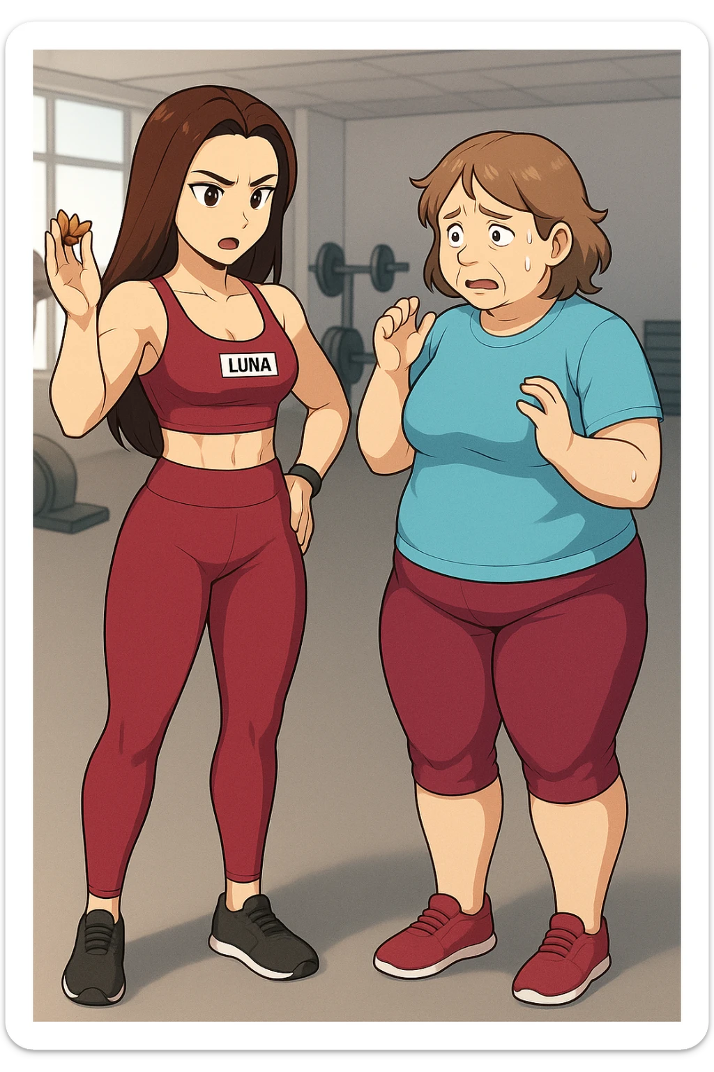 prendi spunto da queste immagini per fare: fai un webtoon/manga a colori con questa personal trainer (falle la scritta "LUNA" SU UNA TARGHETTA APPOSTA SUL TOP SPORTIVO CHE HA), che parla IN PALESTRA con una sua cliente che ha cellulite ed è leggermente in sovrappeso. LA SIGNORA è IN ABITI SPORTIVI E ascolta la trainer con attenzione guardandola allarmata. LUNA le dice di stare attenta mentre le mostra con espressione di rimprovero una manciata di mandorle. NON FARE I FUMETTI, FAI SOLO LORO COME SE DIALOGASSERO. FAI LE DUE FIGURE A FIGURA INTERA CON IL CORPO INTERAMENTE VISIBILE sticker
