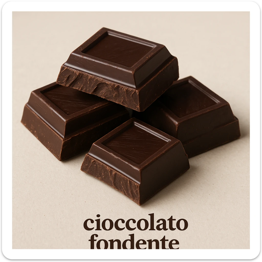 photo realistic pieces of dark chocolate on a light background with the label 'cioccolato fondente' in Italian sticker