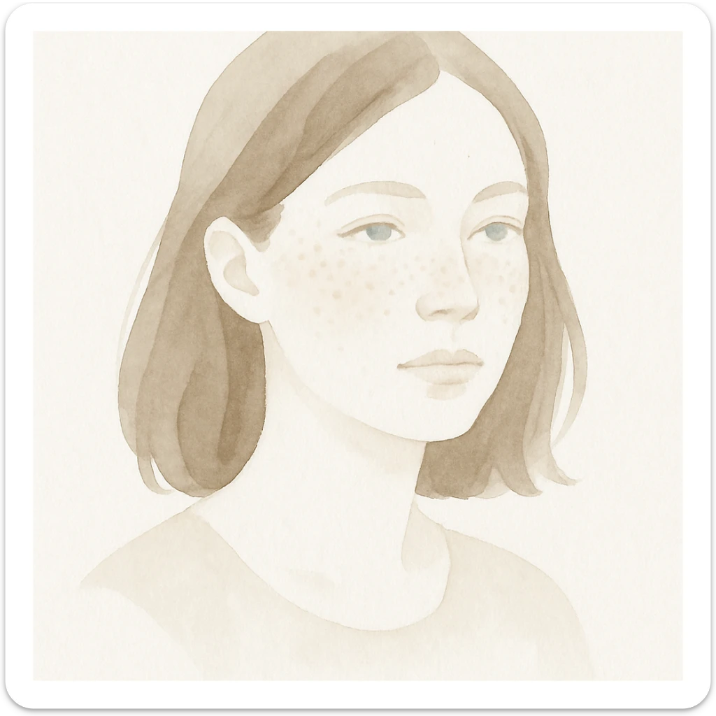 portrait of a white woman with freckles, shoulder-length brown hair, soft watercolor style sticker