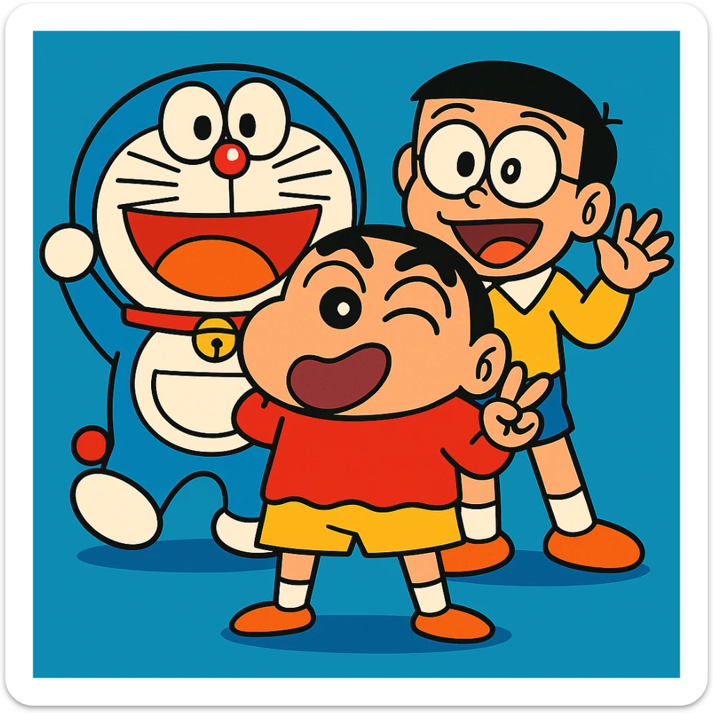 Add Nobita to the group with Doraemon and Shinchan in a playful pose, vibrant cartoon style, colorful and lively characters interacting joyfully. sticker