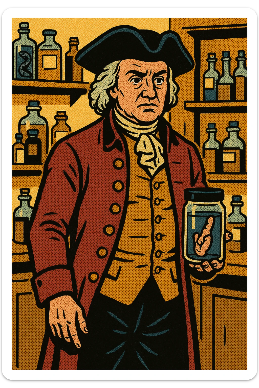 The full body of 1700s surgeon john hunter holding a specimen jar containing a human finger which he is holding by his side. He is in his surgery which contains lots of other medicine bottle and specimen jars sticker