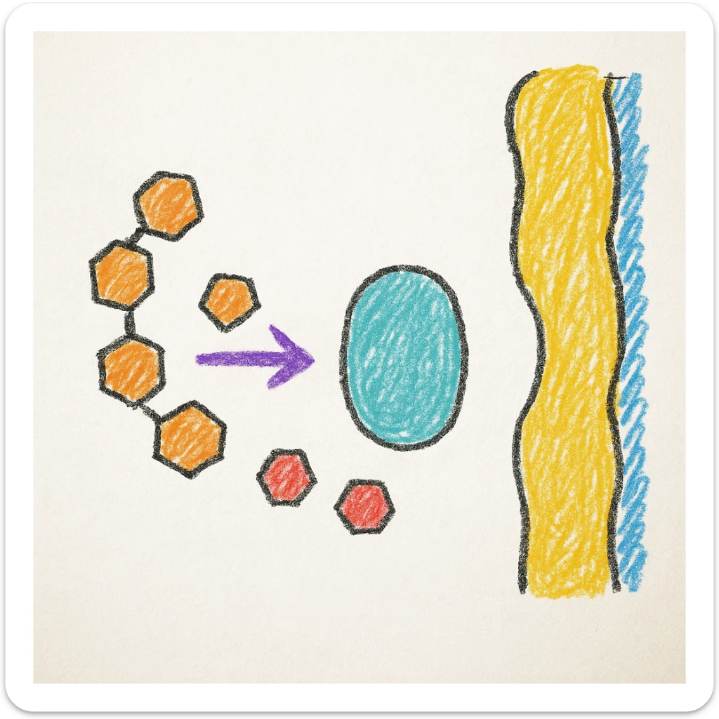 Ultra-detailed illustration of enzyme digestion: amylase breaking starch into sugars near a cell membrane. Clean white background, no text. Scientific but simple sticker