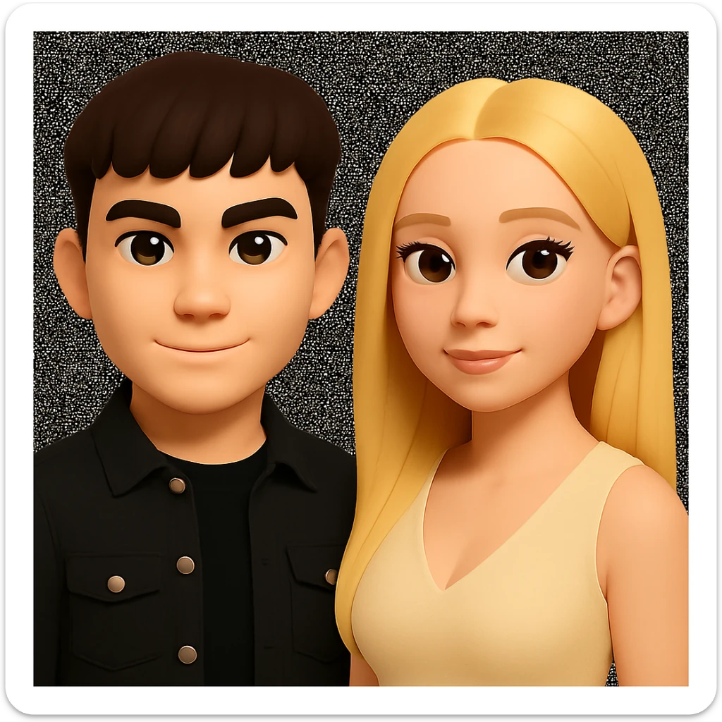 Slightly increase the volume of the upper body of the girl, separate the girl and the boy from each other, and make the skin color the same for both characters. Maintain the cartoonish 3D style in the image. sticker